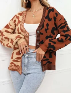 Clearance Women's Cardigan Fashion Daily Casual Leopard Color Block Print Open Front Knitted Long Sleeve Regular Tops Knit Formal Home Red Brown Fall Winter Women Cardigans & Outerwears