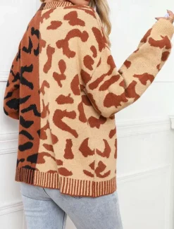 Clearance Women's Cardigan Fashion Daily Casual Leopard Color Block Print Open Front Knitted Long Sleeve Regular Tops Knit Formal Home Red Brown Fall Winter Women Cardigans & Outerwears