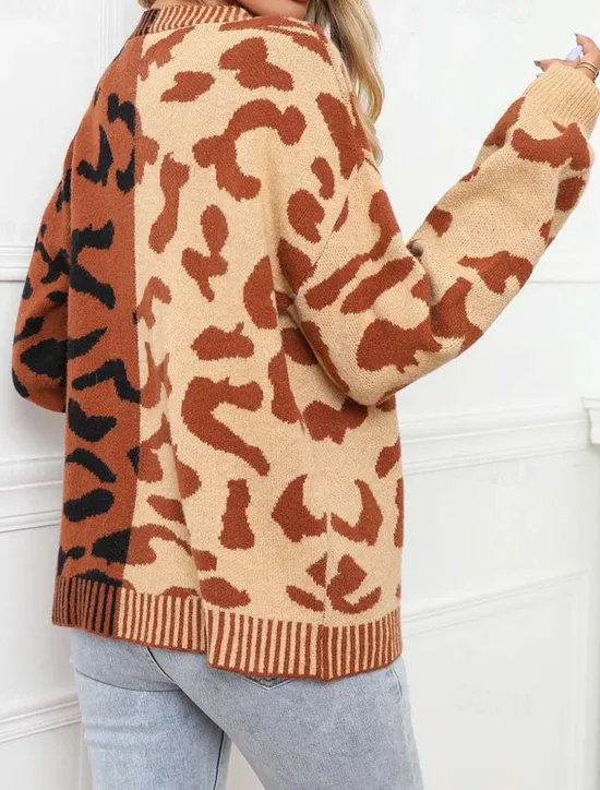 Clearance Women's Cardigan Fashion Daily Casual Leopard Color Block Print Open Front Knitted Long Sleeve Regular Tops Knit Formal Home Red Brown Fall Winter Women Cardigans & Outerwears