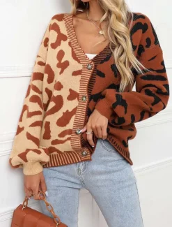 Clearance Women's Cardigan Fashion Daily Casual Leopard Color Block Print Open Front Knitted Long Sleeve Regular Tops Knit Formal Home Red Brown Fall Winter Women Cardigans & Outerwears