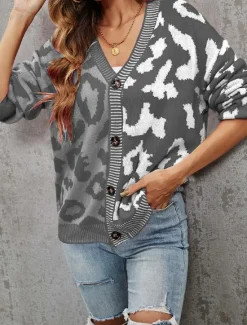 Clearance Women's Cardigan Fashion Daily Casual Leopard Color Block Print Open Front Knitted Long Sleeve Regular Tops Knit Formal Home Red Brown Fall Winter Women Cardigans & Outerwears
