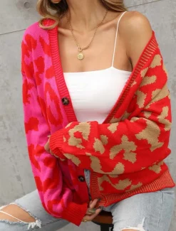 Clearance Women's Cardigan Fashion Daily Casual Leopard Color Block Print Open Front Knitted Long Sleeve Regular Tops Knit Formal Home Red Brown Fall Winter Women Cardigans & Outerwears