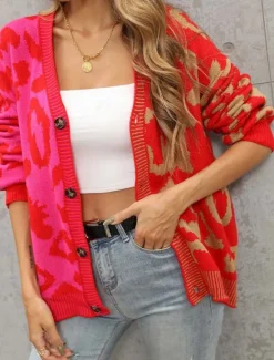 Clearance Women's Cardigan Fashion Daily Casual Leopard Color Block Print Open Front Knitted Long Sleeve Regular Tops Knit Formal Home Red Brown Fall Winter Women Cardigans & Outerwears