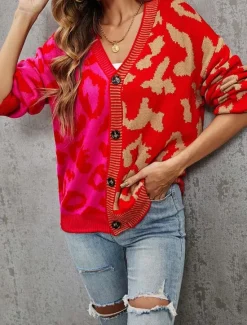 Clearance Women's Cardigan Fashion Daily Casual Leopard Color Block Print Open Front Knitted Long Sleeve Regular Tops Knit Formal Home Red Brown Fall Winter Women Cardigans & Outerwears