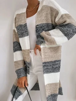 Sale Women's Cardigan Fashion Daily Casual Striped Print Open Front Knitted Long Sleeve Long Tops Knit Work Black Fall Winter Women Cardigans & Outerwears