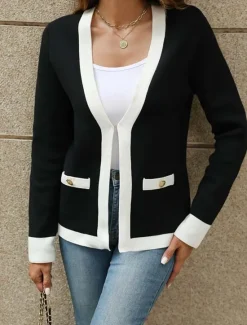 New Women's Cardigan Fashion Daily Color Block V Neck Knitted Long Sleeve Regular Tops Knit Work White / Black Hot Pink Fall Winter Women Cardigans & Outerwears