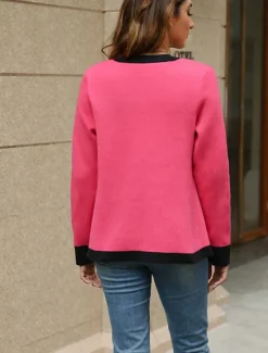 New Women's Cardigan Fashion Daily Color Block V Neck Knitted Long Sleeve Regular Tops Knit Work White / Black Hot Pink Fall Winter Women Cardigans & Outerwears