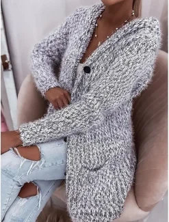 Women's Cardigan Fashion Streetwear Daily Solid Color Open Front Knitted Textured Long Sleeve Long Tops Knit Work Weekend Fall Winter Women Cardigans & Outerwears