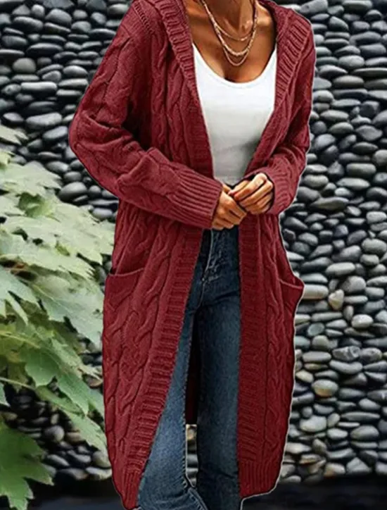 Clearance Women's Cardigan Fashion Streetwear Casual Solid Color Cable Hooded Pocket Knitted Long Sleeve Regular Tops Knit Outdoor Daily Going out Wine Army Green Fall Winter Women Cardigans & Outerwears