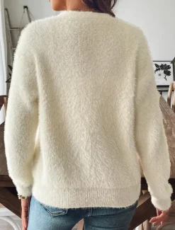 Hot Women's Cardigan Fashion Streetwear Daily Solid Color Ribbed V Neck Knitted Long Sleeve Regular Tops Knit Outdoor Daily Black White Fall Winter Women Cardigans & Outerwears