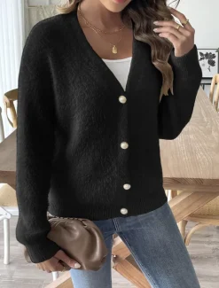 Hot Women's Cardigan Fashion Streetwear Daily Solid Color Ribbed V Neck Knitted Long Sleeve Regular Tops Knit Outdoor Daily Black White Fall Winter Women Cardigans & Outerwears
