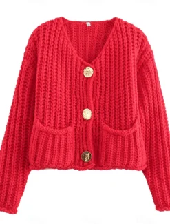 New Women's Cardigan Fashion Streetwear Daily Solid Color Chunky Crew Neck Knitted Long Sleeve Cropped Knit Work Going out White Red Fall Winter Women Cardigans & Outerwears
