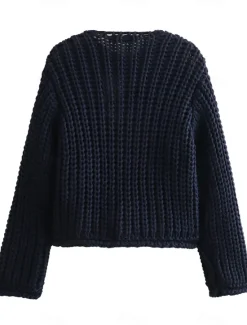 New Women's Cardigan Fashion Streetwear Daily Solid Color Chunky Crew Neck Knitted Long Sleeve Cropped Knit Work Going out White Red Fall Winter Women Cardigans & Outerwears