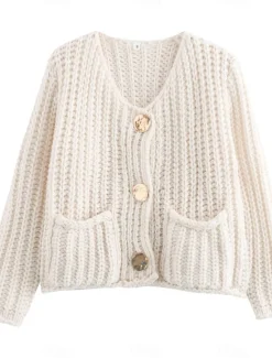 New Women's Cardigan Fashion Streetwear Daily Solid Color Chunky Crew Neck Knitted Long Sleeve Cropped Knit Work Going out White Red Fall Winter Women Cardigans & Outerwears