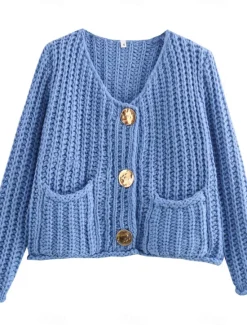 New Women's Cardigan Fashion Streetwear Daily Solid Color Chunky Crew Neck Knitted Long Sleeve Cropped Knit Work Going out White Red Fall Winter Women Cardigans & Outerwears