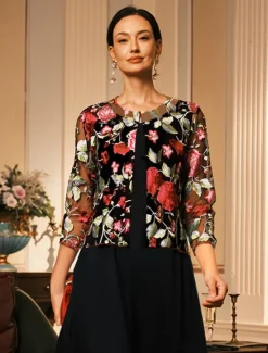Clearance Women's Cardigan Lace Embroidered Elegant Basic Casual Floral Formal Short Crewneck Loose Fit 3/4 Length Sleeve Outerwear Navy Blue Summer Spring Women Blazers & Suits