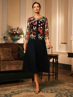 Clearance Women's Cardigan Lace Embroidered Elegant Basic Casual Floral Formal Short Crewneck Loose Fit 3/4 Length Sleeve Outerwear Navy Blue Summer Spring Women Blazers & Suits