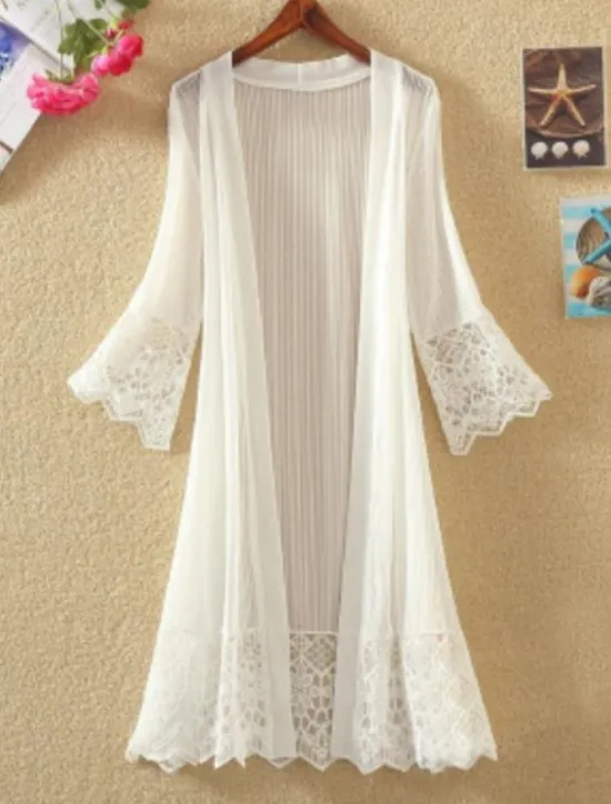 Sale Women's Cardigan Lace Solid Color Basic Casual Lace Long Sleeve Loose Sweater Cardigans Open Front Spring Summer White Black / Holiday Women Cover Up