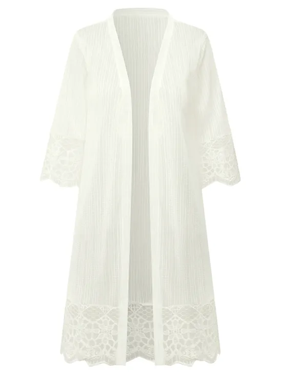 Sale Women's Cardigan Lace Solid Color Basic Casual Lace Long Sleeve Loose Sweater Cardigans Open Front Spring Summer White Black / Holiday Women Cover Up