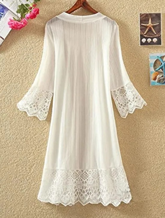 Sale Women's Cardigan Lace Solid Color Basic Casual Lace Long Sleeve Loose Sweater Cardigans Open Front Spring Summer White Black / Holiday Women Cover Up