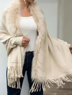 Discount Women's Cardigan Open Front Knit Tassel Fur Fall Winter Formal Outdoor Elegant Fashion Long Sleeve Solid Color Khaki Beige Women Shrugs & Capes|Cardigans & Outerwears