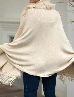 Discount Women's Cardigan Open Front Knit Tassel Fur Fall Winter Formal Outdoor Elegant Fashion Long Sleeve Solid Color Khaki Beige Women Shrugs & Capes|Cardigans & Outerwears