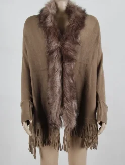 Discount Women's Cardigan Open Front Knit Tassel Fur Fall Winter Formal Outdoor Elegant Fashion Long Sleeve Solid Color Khaki Beige Women Shrugs & Capes|Cardigans & Outerwears