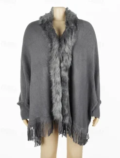 Discount Women's Cardigan Open Front Knit Tassel Fur Fall Winter Formal Outdoor Elegant Fashion Long Sleeve Solid Color Khaki Beige Women Shrugs & Capes|Cardigans & Outerwears