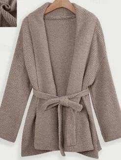 Discount Women's Cardigan Streetwear Daily Solid Color Open Front Knitted Textured Long Sleeve Regular Tops Knit Outdoor Black Khaki Fall Winter Women Cardigans & Outerwears