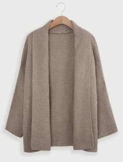Discount Women's Cardigan Streetwear Daily Solid Color Open Front Knitted Textured Long Sleeve Regular Tops Knit Outdoor Black Khaki Fall Winter Women Cardigans & Outerwears