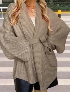 Discount Women's Cardigan Streetwear Daily Solid Color Open Front Knitted Textured Long Sleeve Regular Tops Knit Outdoor Black Khaki Fall Winter Women Cardigans & Outerwears
