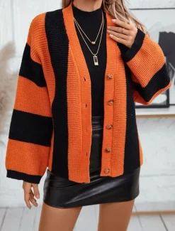 Clearance Women's Cardigan Stylish Work Casual Striped Open Front Knitted Print Long Sleeve Regular Tops Knit Daily Orange Khaki Fall Winter Women Cardigans & Outerwears
