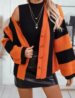 Clearance Women's Cardigan Stylish Work Casual Striped Open Front Knitted Print Long Sleeve Regular Tops Knit Daily Orange Khaki Fall Winter Women Cardigans & Outerwears