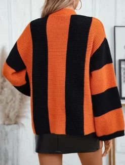 Clearance Women's Cardigan Stylish Work Casual Striped Open Front Knitted Print Long Sleeve Regular Tops Knit Daily Orange Khaki Fall Winter Women Cardigans & Outerwears