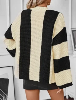 Clearance Women's Cardigan Stylish Work Casual Striped Open Front Knitted Print Long Sleeve Regular Tops Knit Daily Orange Khaki Fall Winter Women Cardigans & Outerwears
