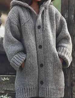 New Women's Cardigan Sweater Basic Casual Soft Solid Color Maillard Chunky Open Front Buttons Knitted Long Sleeve Long Tops Knit Daily Weekend Black Gray Fall Winter Women Cardigans & Outerwears