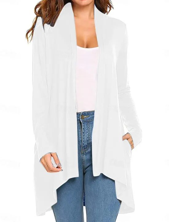 Best Women's Cardigan Sweater Cardigan Stylish Casual Soft Solid Color Ribbed Open Front Pocket Long Sleeve Long Tops Knit Outdoor Daily Weekend Black White Summer Fall Women Cardigans & Outerwears