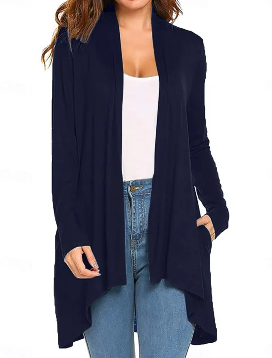 Best Women's Cardigan Sweater Cardigan Stylish Casual Soft Solid Color Ribbed Open Front Pocket Long Sleeve Long Tops Knit Outdoor Daily Weekend Black White Summer Fall Women Cardigans & Outerwears