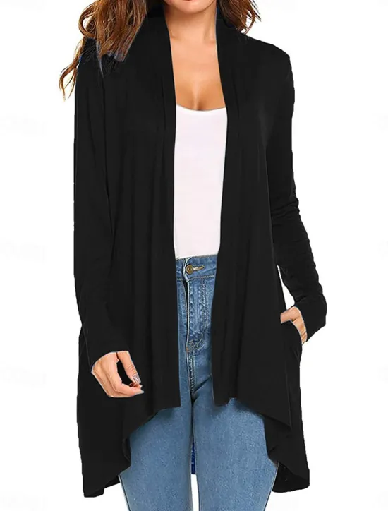 Best Women's Cardigan Sweater Cardigan Stylish Casual Soft Solid Color Ribbed Open Front Pocket Long Sleeve Long Tops Knit Outdoor Daily Weekend Black White Summer Fall Women Cardigans & Outerwears
