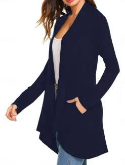 Best Women's Cardigan Sweater Cardigan Stylish Casual Soft Solid Color Ribbed Open Front Pocket Long Sleeve Long Tops Knit Outdoor Daily Weekend Black White Summer Fall Women Cardigans & Outerwears