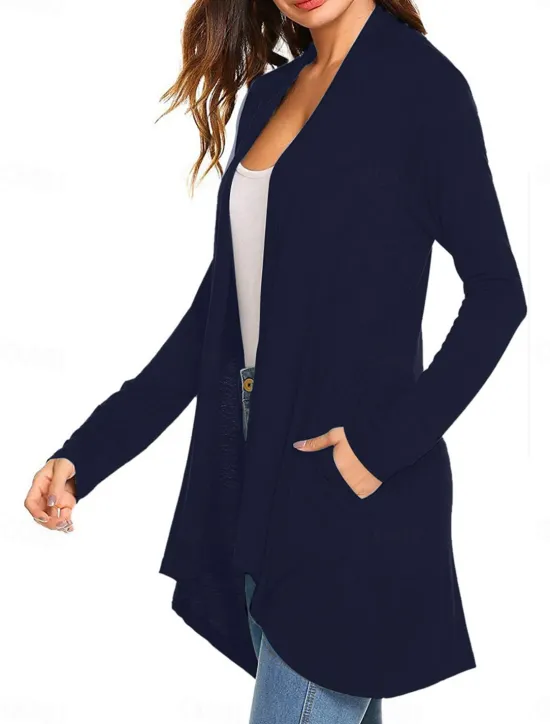 Best Women's Cardigan Sweater Cardigan Stylish Casual Soft Solid Color Ribbed Open Front Pocket Long Sleeve Long Tops Knit Outdoor Daily Weekend Black White Summer Fall Women Cardigans & Outerwears