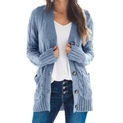 Women's Cardigan Sweater Casual Soft Solid Color Cable Chunky Open Front Buttons Pocket Long Sleeve Tunic Knit Daily Dark powder Black Fall Winter Women Cardigans & Outerwears