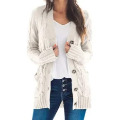 Women's Cardigan Sweater Casual Soft Solid Color Cable Chunky Open Front Buttons Pocket Long Sleeve Tunic Knit Daily Dark powder Black Fall Winter Women Cardigans & Outerwears