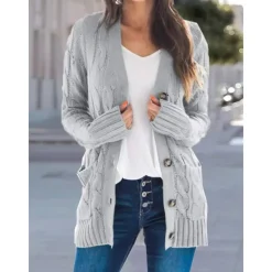 Women's Cardigan Sweater Casual Soft Solid Color Cable Chunky Open Front Buttons Pocket Long Sleeve Tunic Knit Daily Dark powder Black Fall Winter Women Cardigans & Outerwears