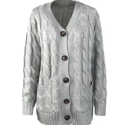 Women's Cardigan Sweater Casual Soft Solid Color Cable Chunky Open Front Buttons Pocket Long Sleeve Tunic Knit Daily Dark powder Black Fall Winter Women Cardigans & Outerwears