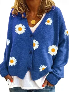 Women's Cardigan Sweater Elegant Stylish Casual Daisy Maillard Ribbed Open Front Patchwork Embroidery Long Sleeve Regular Tops Knit Daily Black Yellow Winter Women Cardigans & Outerwears