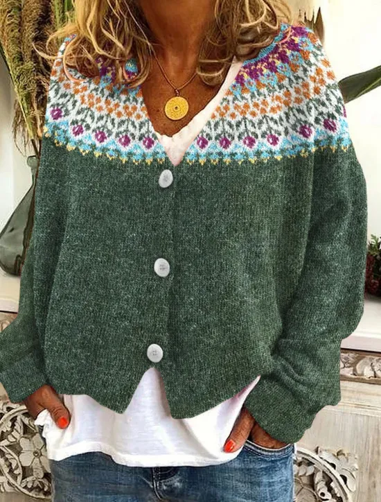 Sale Women's Cardigan Sweater Knitted Ribbed Button Front V NeckLong Sleeve Lightweight Casual Soft Floral Buttons Print Regular Tops Knit Outdoor Daily Weekend Blue Green Fall Winter Women Cardigans & Outerwears