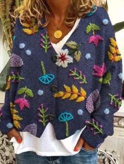 Sale Women's Cardigan Sweater Knitted Ribbed Button Front V NeckLong Sleeve Lightweight Casual Soft Floral Buttons Print Regular Tops Knit Outdoor Daily Weekend Blue Green Fall Winter Women Cardigans & Outerwears