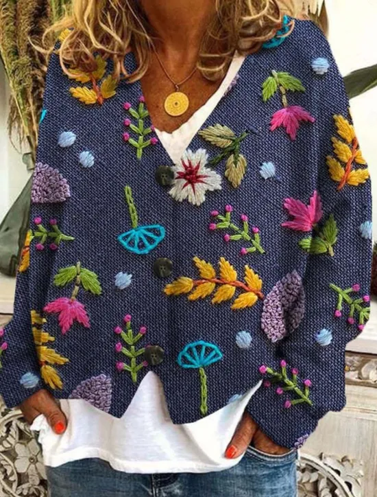 Sale Women's Cardigan Sweater Knitted Ribbed Button Front V NeckLong Sleeve Lightweight Casual Soft Floral Buttons Print Regular Tops Knit Outdoor Daily Weekend Blue Green Fall Winter Women Cardigans & Outerwears