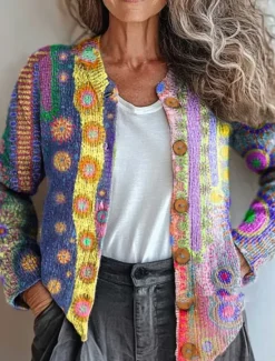 Discount Women's Cardigan Sweater Knitted Ribbed Button Front Round Neck Long Sleeve Lightweight Vintage Floral Crew Neck Print Regular Tops Knit Outdoor Home Daily Yellow Light Brown Fall Winter Women Cardigans & Outerwears